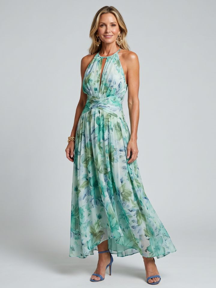 Portia | Abito Midi Floreale con Corpino Plissettato e Scollo Halter