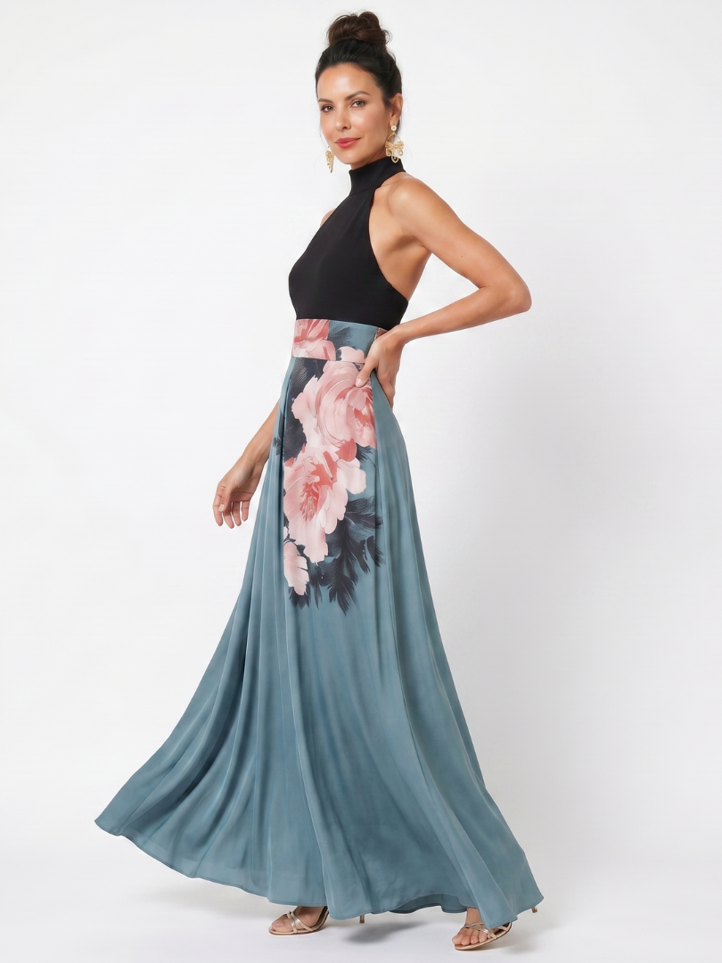 Olympas | Abito Maxi con Corpino Halter e Gonna Floreale