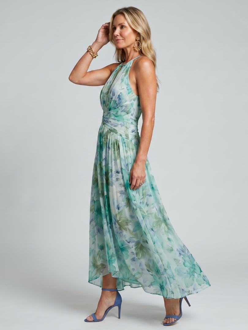 Portia | Abito Midi Floreale con Corpino Plissettato e Scollo Halter
