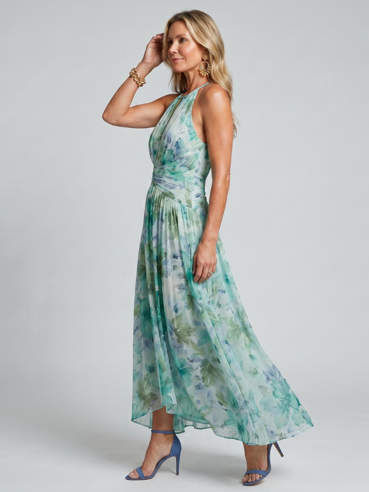 Portia | Abito Midi Floreale con Corpino Plissettato e Scollo Halter
