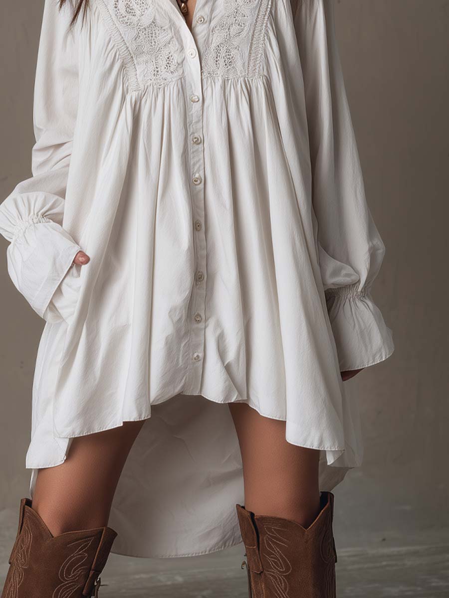 Abito Mini a Maniche Lunghe in Pizzo con Orlo Irregolare in Stile Retro