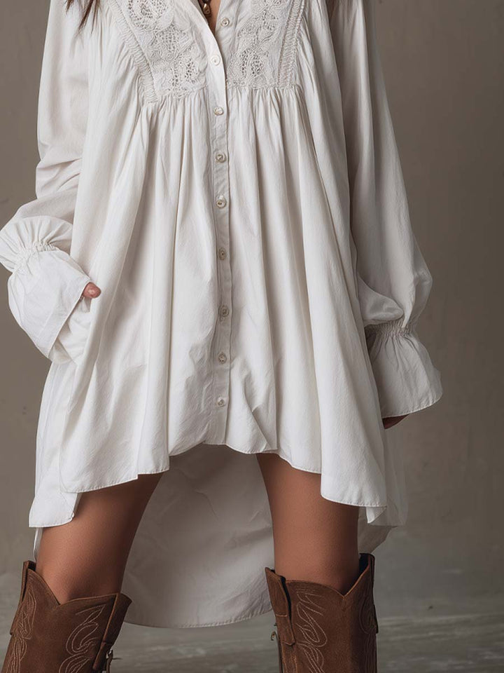 Abito Mini a Maniche Lunghe in Pizzo con Orlo Irregolare in Stile Retro
