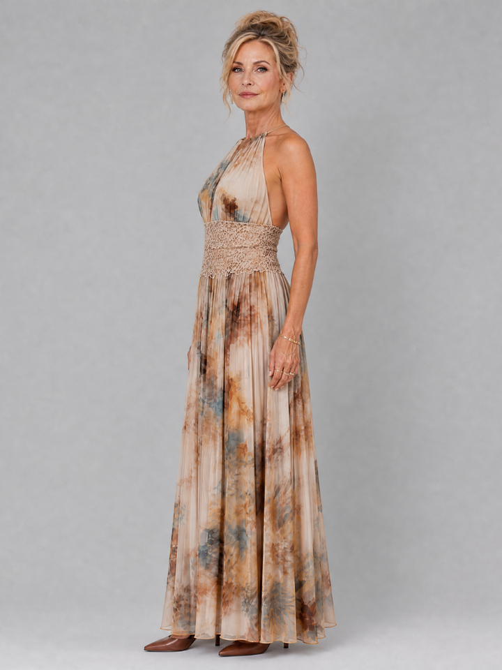 Elavenue | Abito Maxi con Collo Halter e Vita in Pizzo