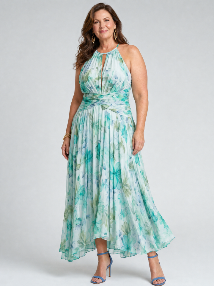 Portia | Abito Midi Floreale con Corpino Plissettato e Scollo Halter