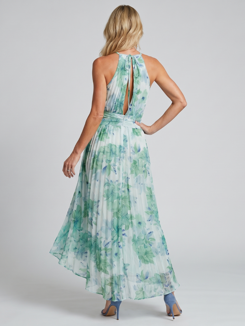Portia | Abito Midi Floreale con Corpino Plissettato e Scollo Halter