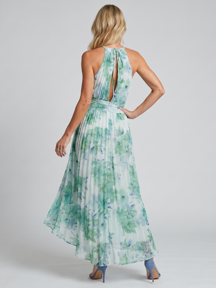 Portia | Abito Midi Floreale con Corpino Plissettato e Scollo Halter