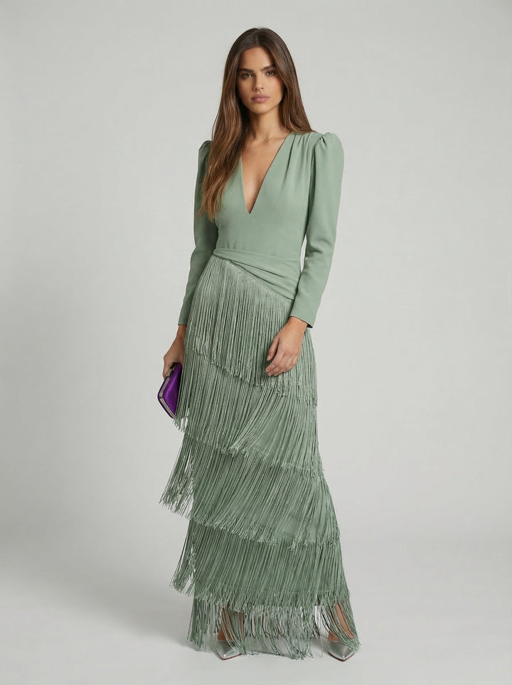 Salvia | Abito Maxi con Frange