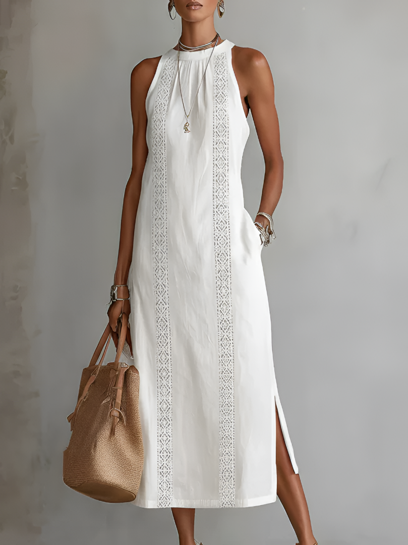 Jimena - Vestito Midi in Lino e Cotone con Collo Mao