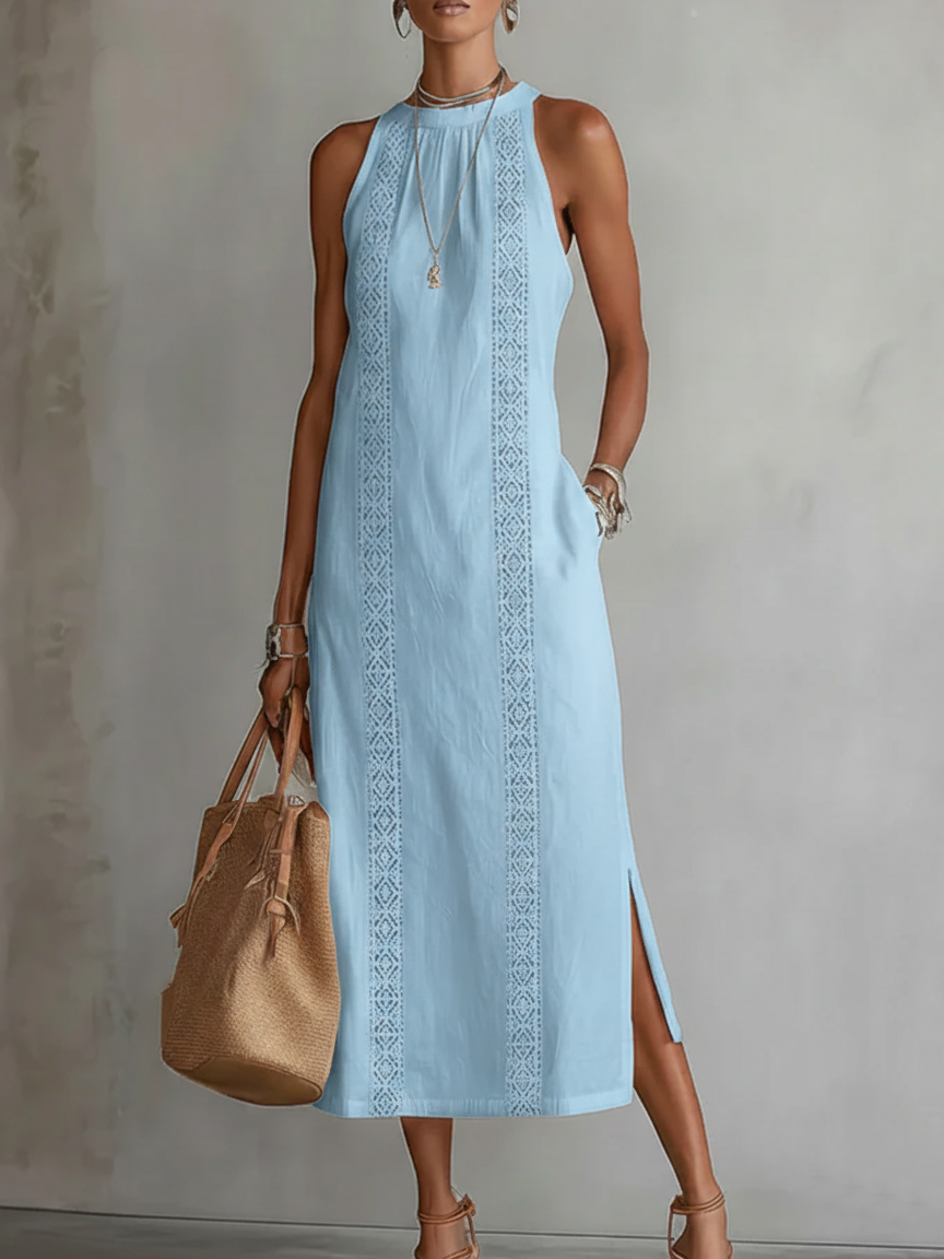 Jimena - Vestito Midi in Lino e Cotone con Collo Mao