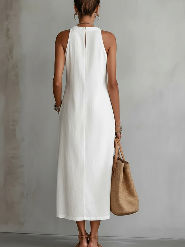 Jimena - Vestito Midi in Lino e Cotone con Collo Mao