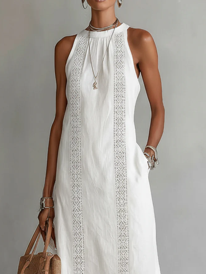 Jimena - Vestito Midi in Lino e Cotone con Collo Mao