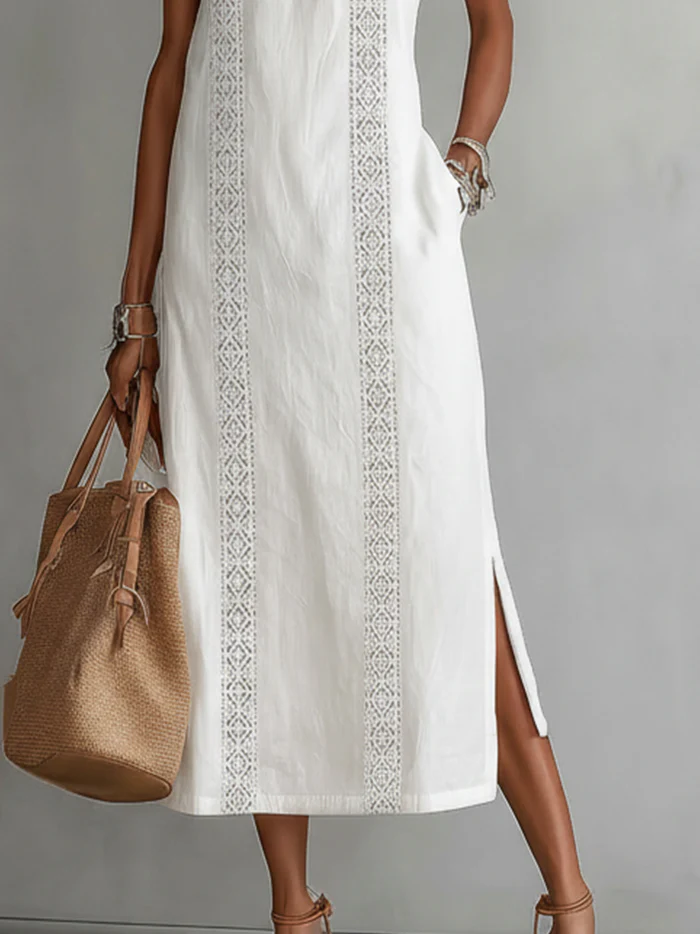 Jimena - Vestito Midi in Lino e Cotone con Collo Mao