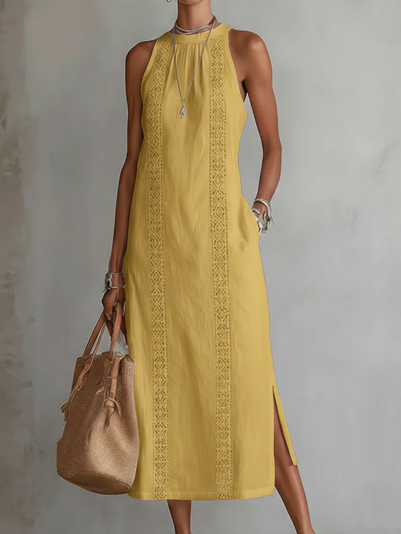 Jimena - Vestito Midi in Lino e Cotone con Collo Mao